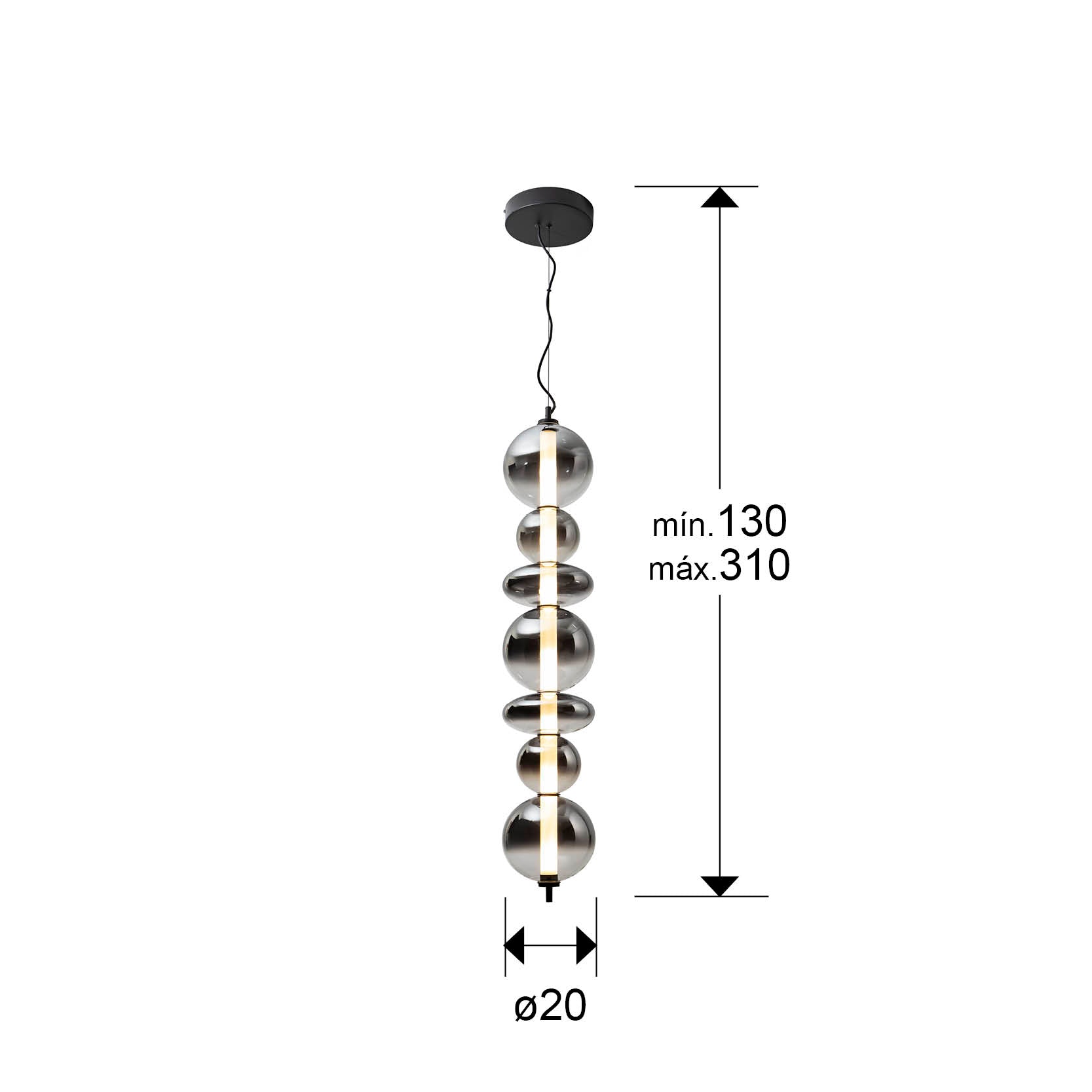 Medidas de Lámpara colgante Gladis negra con cristal gris smoke, ideal para comedor o salón moderno. Marca Schuller.