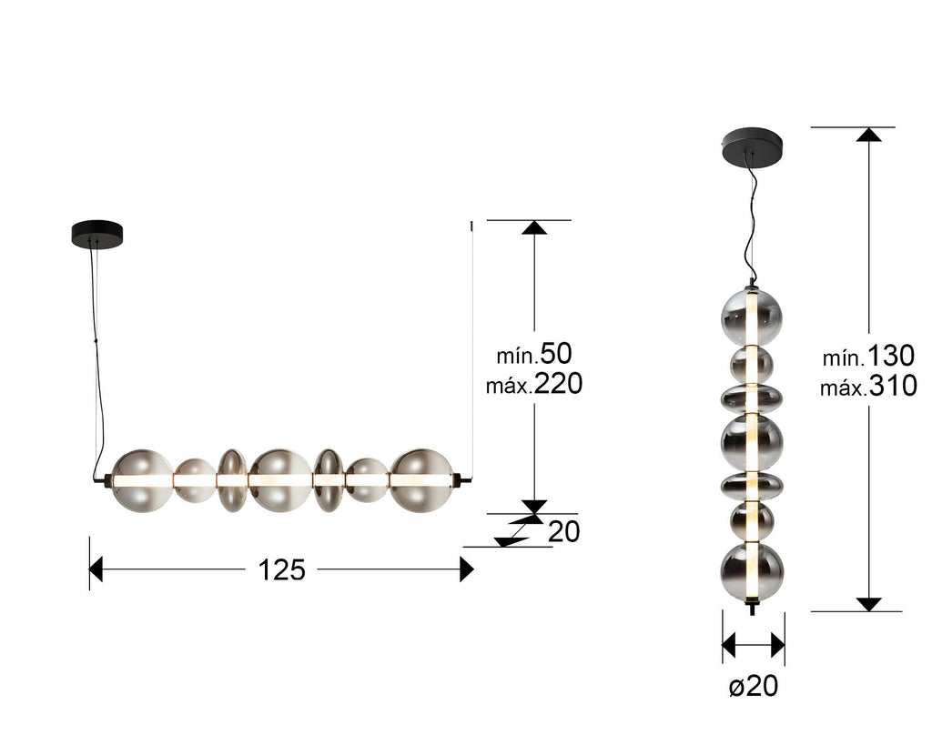 Medidas de Lámpara colgante Gladis negro smoke de Schuller en comedor moderno, cristal y metal. Iluminación elegante para salón. Referencia 314978.