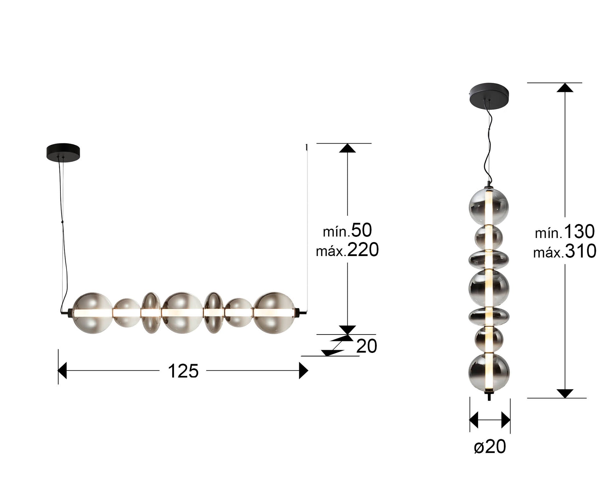 Medidas de Lámpara colgante Gladis negro smoke de Schuller en comedor moderno, cristal y metal. Iluminación elegante para salón. Referencia 314978.