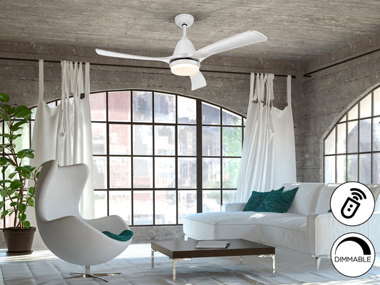 Ventilador de techo Aspas blanco LED moderno silencioso Schuller para salón con motor DC y función dimmable. Modelo 316590D.