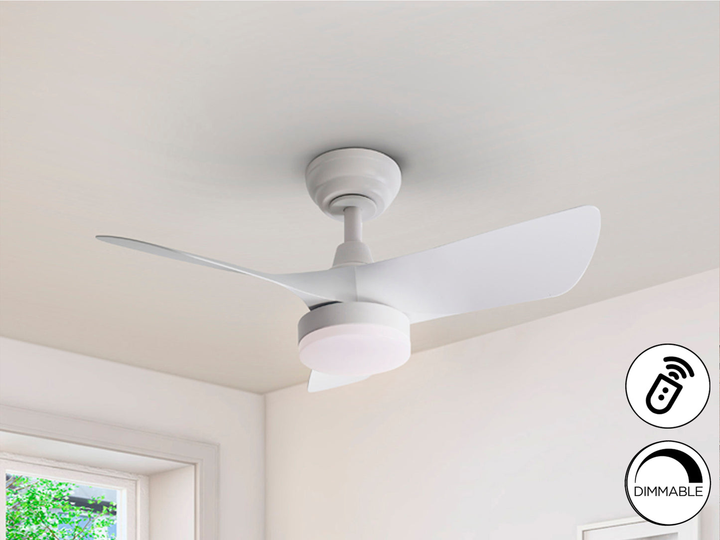 Ventilador de techo Tropic blanco mate con luz LED dimable para dormitorio o salón moderno y minimalista. Motor DC de bajo consumo. Schuller 319607.