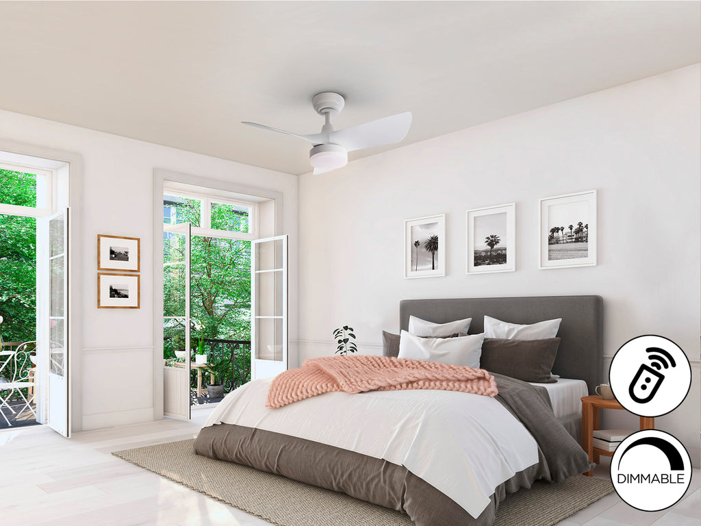 Ventilador de techo Tropic blanco mate Schuller, moderno y minimalista con luz LED dimable, ideal para dormitorio y salón. Motor DC eficiente.