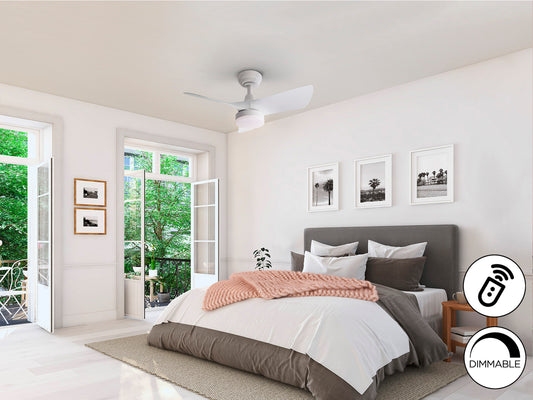 Ventilador de techo Tropic blanco mate Schuller, moderno y minimalista con luz LED dimable, ideal para dormitorio y salón. Motor DC eficiente.