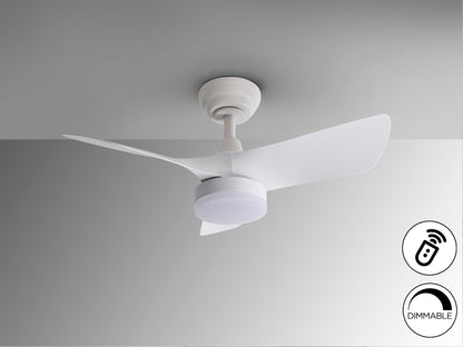 Ventilador de techo Tropic blanco mate con luz LED dimable, diseño moderno y minimalista ideal para dormitorio y salón. Motor DC eficiente. Marca Schuller.