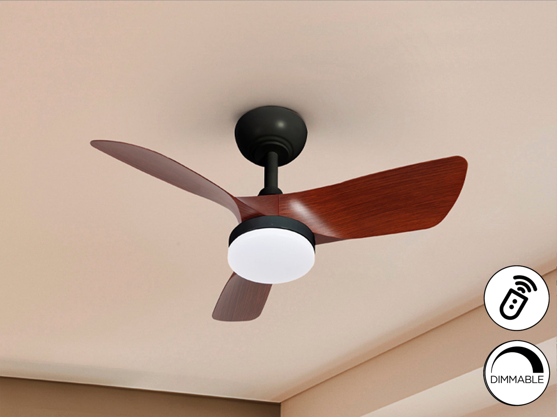 Ventilador de techo Tropic negro y nogal con luz LED regulable para salón - Schuller 319614, moderno y silencioso con motor DC.