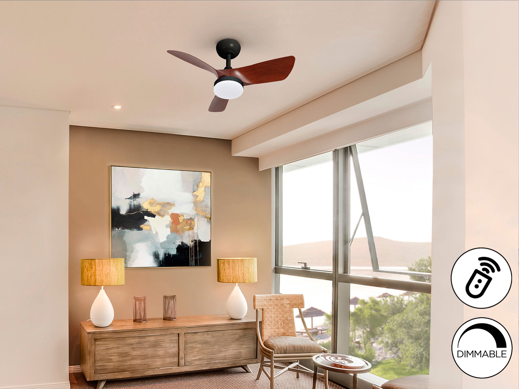 Ventilador de techo Tropic negro y nogal con luz LED regulable, moderno y silencioso, ideal para salón. Motor DC, marca Schuller, modelo 319614.