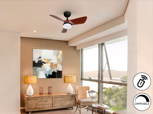 Ventilador de techo Tropic negro y nogal con luz LED regulable, moderno y silencioso, ideal para salón. Motor DC, marca Schuller, modelo 319614.
