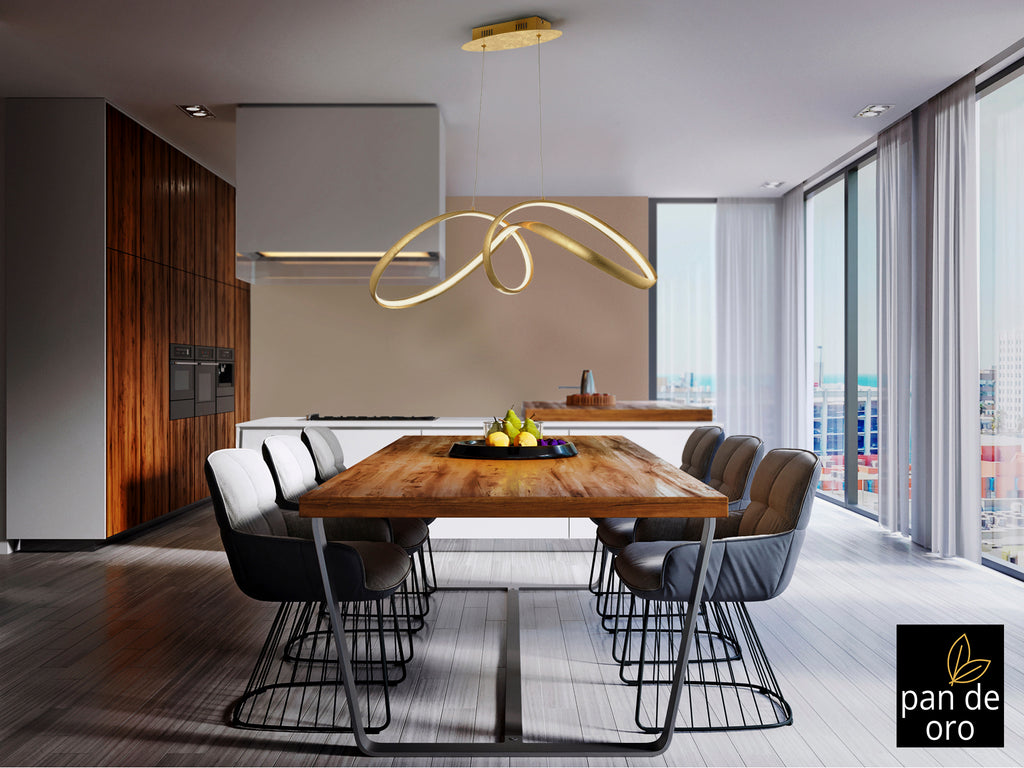 Lámpara de techo Lia pan de oro Schuller en comedor moderno con luz LED regulable en altura, ideal para salón de lujo (328326)
