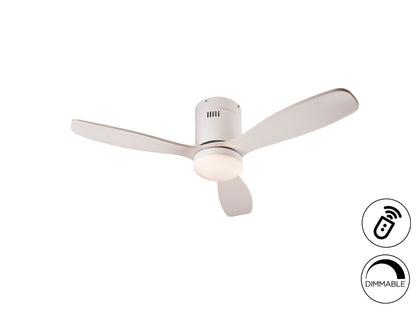 Ventilador de techo Siroco Mini blanco con aspas de madera, moderno y regulable, ideal para salón. Incluye motor DC y luz, marca Schuller. Modelo 329361D.