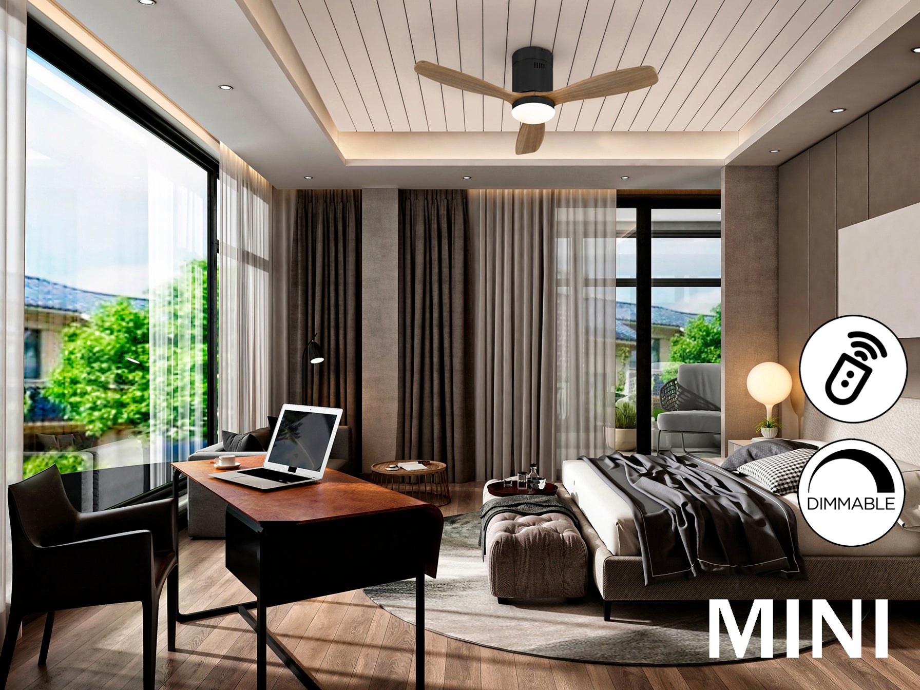 Ventilador de techo Siroco Mini Negro-Nogal de Schuller con diseño moderno, 6 velocidades, función invierno, LED dimable, motor DC y temporizador.