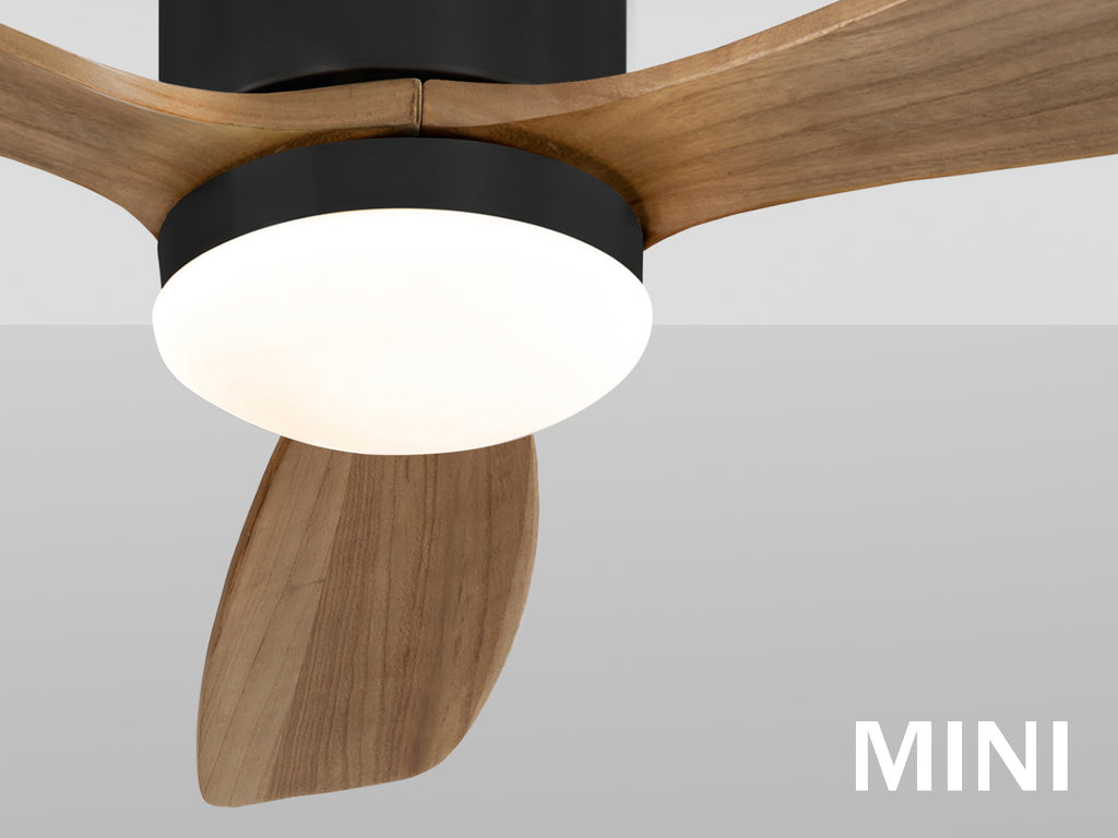 Ventilador de techo Siroco Mini negro y nogal de Schuller, con 6 velocidades, diseño moderno, función invierno, luz LED dimable, motor DC y temporizador.