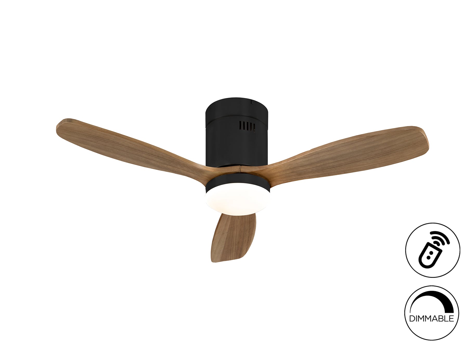 Ventilador de techo Siroco Mini Negro-Nogal de Schuller en funcionamiento, mostrando sus 6 velocidades, diseño moderno, función invierno, luz LED dimable y motor DC. Ideal para hogares con estilo, referencia 329385D.