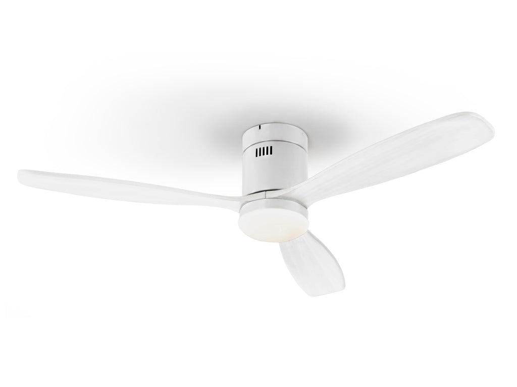 Ventilador de techo Siroco D132 Dim blanco Schuller con luz LED y aspas de madera - 329583D - 6 velocidades, dimable, motor DC, temporizador, 132cm, cristal opal.