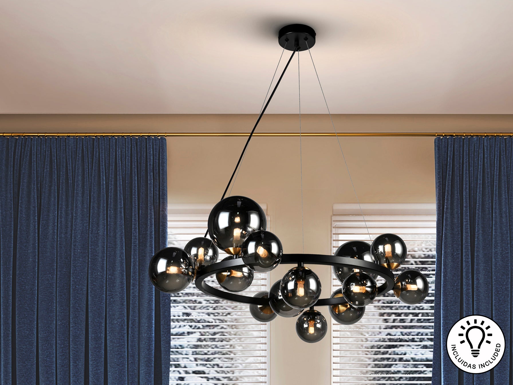 Lámpara de techo Astros negro y gris de Schuller, diseño moderno con cristal espejado, ideal para comedor y salón. Modelo 329613.