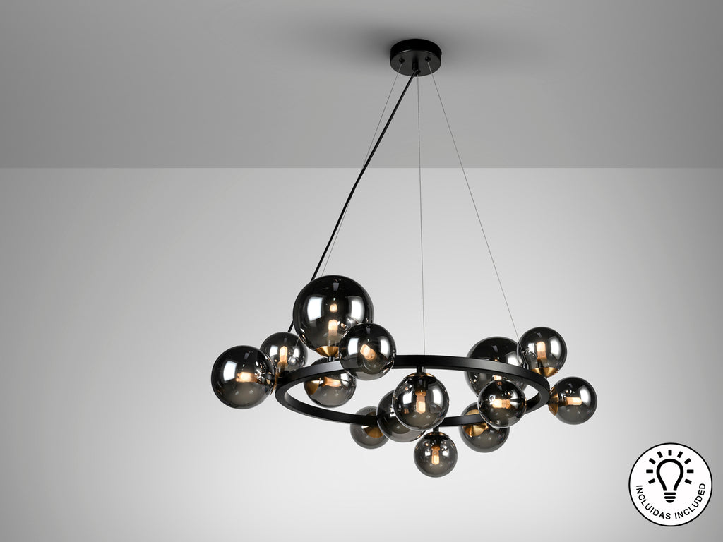 Lámpara de techo Astros negro y gris de Schuller, diseño moderno con cristal espejado, ideal para comedor o salón.