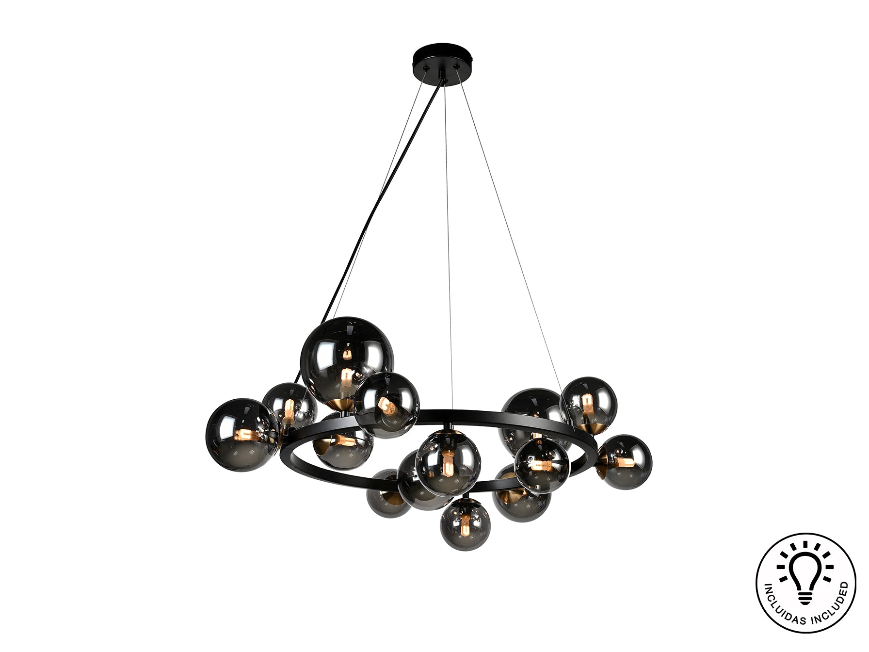 Lámpara de techo Astros negro y gris de Schuller en comedor moderno con cristal espejado.