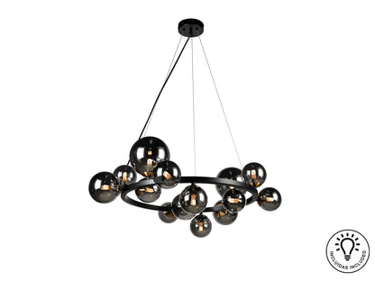 Lámpara de techo Astros negro y gris de Schuller en comedor moderno con cristal espejado.