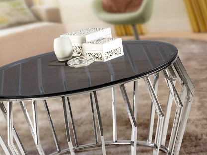 Mesa de centro Ciros pulido brillo de acero inoxidable con tapa de cristal smoke, diseño moderno ideal para salones. Schuller 335515.