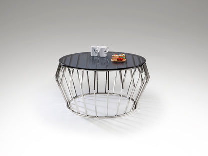Mesa de centro Ciros pulido brillo de acero inoxidable con tapa de cristal smoke, diseño moderno de Schuller, ideal para salón.