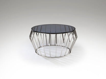 Mesa de centro Ciros de acero inoxidable con acabado pulido brillo y cristal smoke, diseño moderno ideal para salón, marca Schuller.