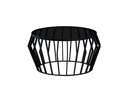 Mesa de centro Ciros negra mate de estilo industrial con superficie de cristal smoke, ideal para salones modernos. Producto Schuller (335522).