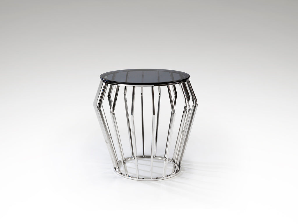 Mesa velador Ciros de acero brillo con cubierta de cristal smoke, ideal para dormitorio o salón. Diseño moderno y minimalista de Schuller (336710).