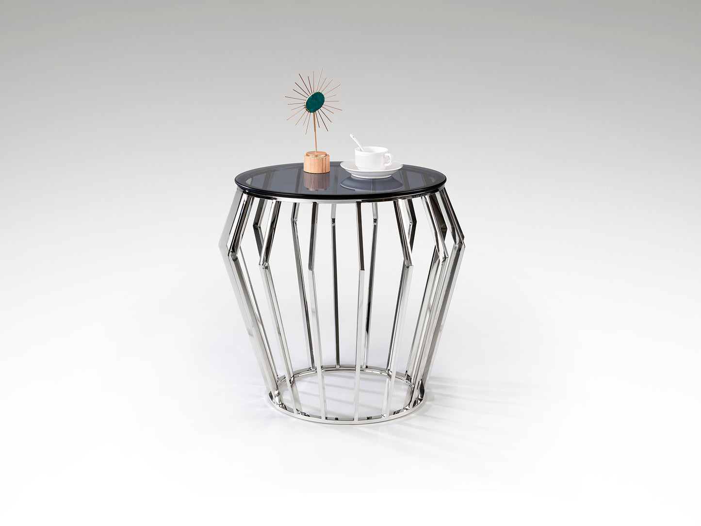 Mesa Velador Ciros Acero Brillo Schuller - Mesa auxiliar moderna de acero inoxidable y cristal smoke ideal para dormitorio o salón, diseño minimalista.