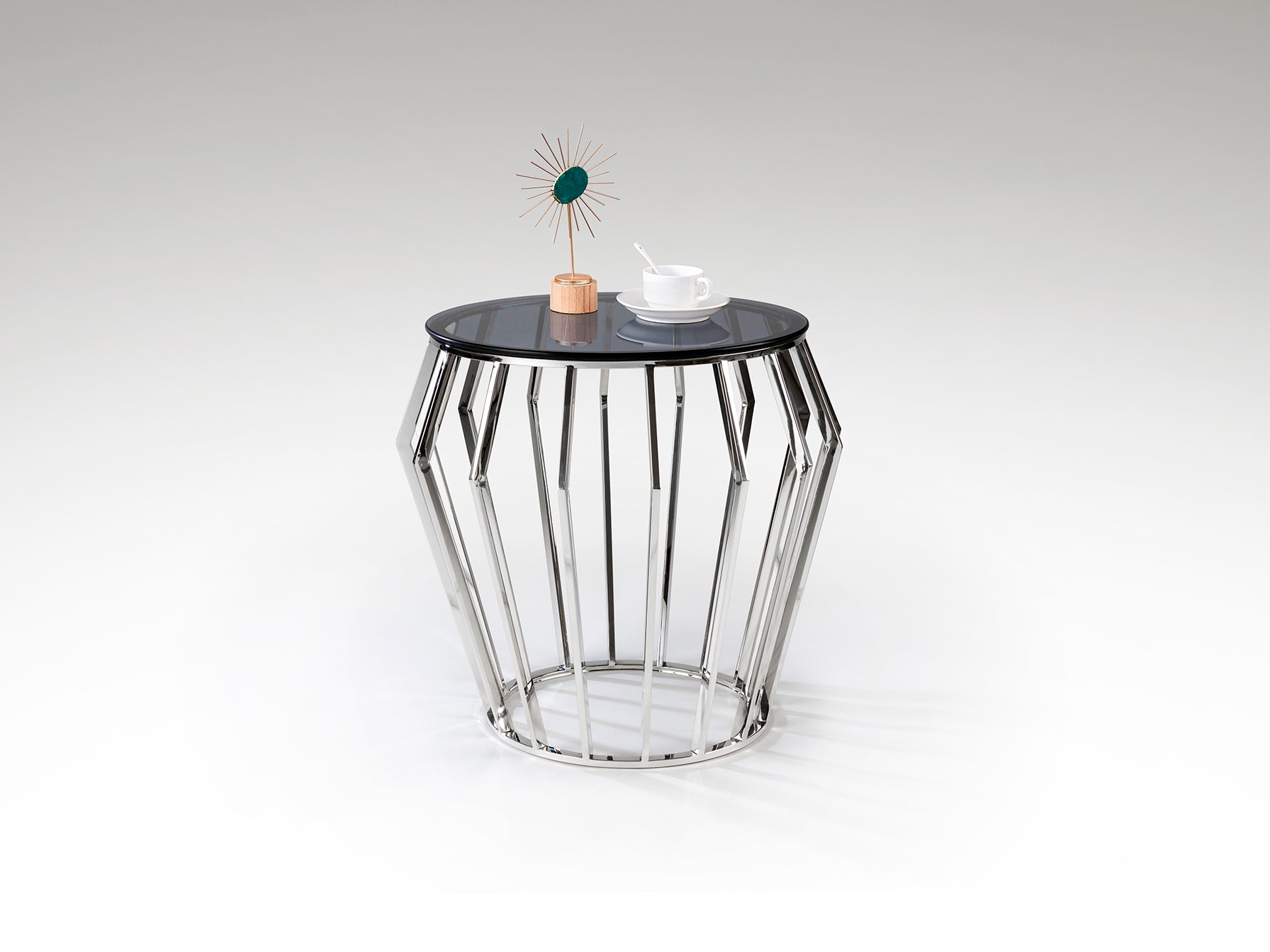 Mesa Velador Ciros Acero Brillo Schuller - Mesa auxiliar moderna de acero inoxidable y cristal smoke ideal para dormitorio o salón, diseño minimalista.