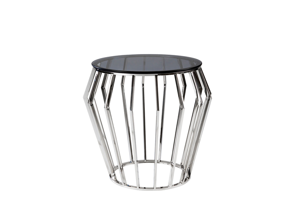 Mesa velador Ciros de acero brillo con cristal smoke, diseño moderno y minimalista. Ideal como mesa auxiliar en dormitorio o salón. Marca Schuller.