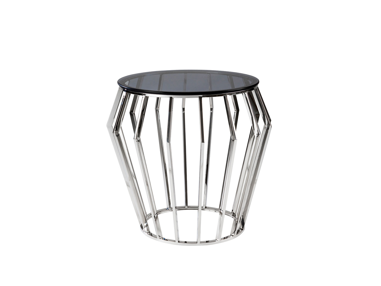 Mesa velador Ciros de acero brillo con cristal smoke, diseño moderno y minimalista. Ideal como mesa auxiliar en dormitorio o salón. Marca Schuller.