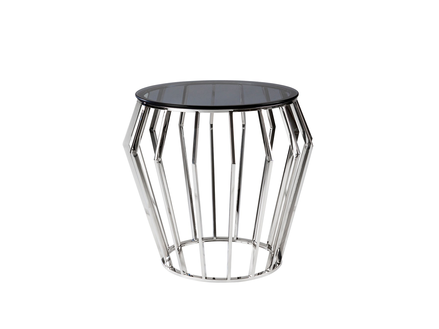 Mesa velador Ciros de acero brillo con cristal smoke, diseño moderno y minimalista. Ideal como mesa auxiliar en dormitorio o salón. Marca Schuller.