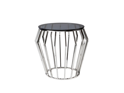 Mesa velador Ciros de acero brillo con cristal smoke, diseño moderno y minimalista. Ideal como mesa auxiliar en dormitorio o salón. Marca Schuller.