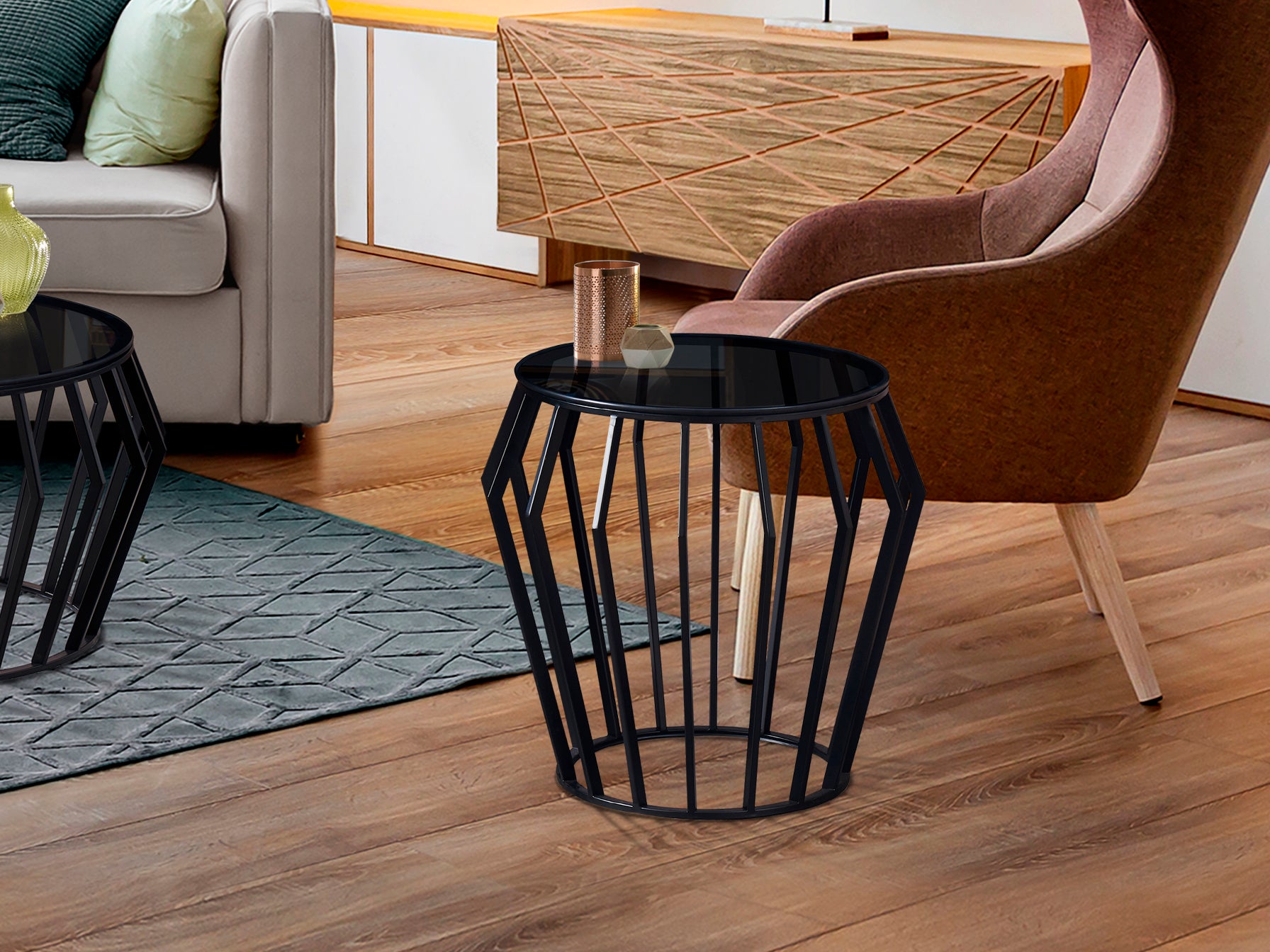 Velador Ciros negro mate con cristal smoke, ideal como mesa auxiliar moderna en salón. Fabricado por Schuller, modelo 336727.