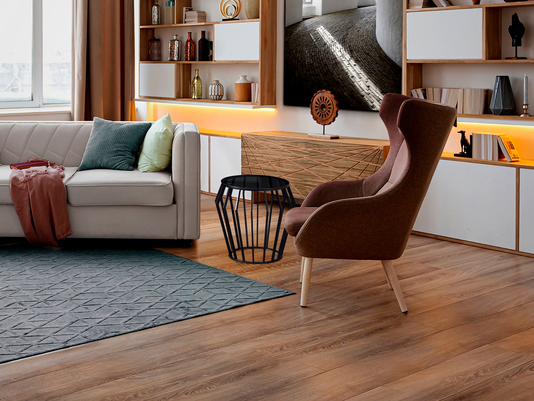 Velador Ciros negro mate con cristal smoke de Schuller, moderno y elegante para salón o mesa auxiliar.