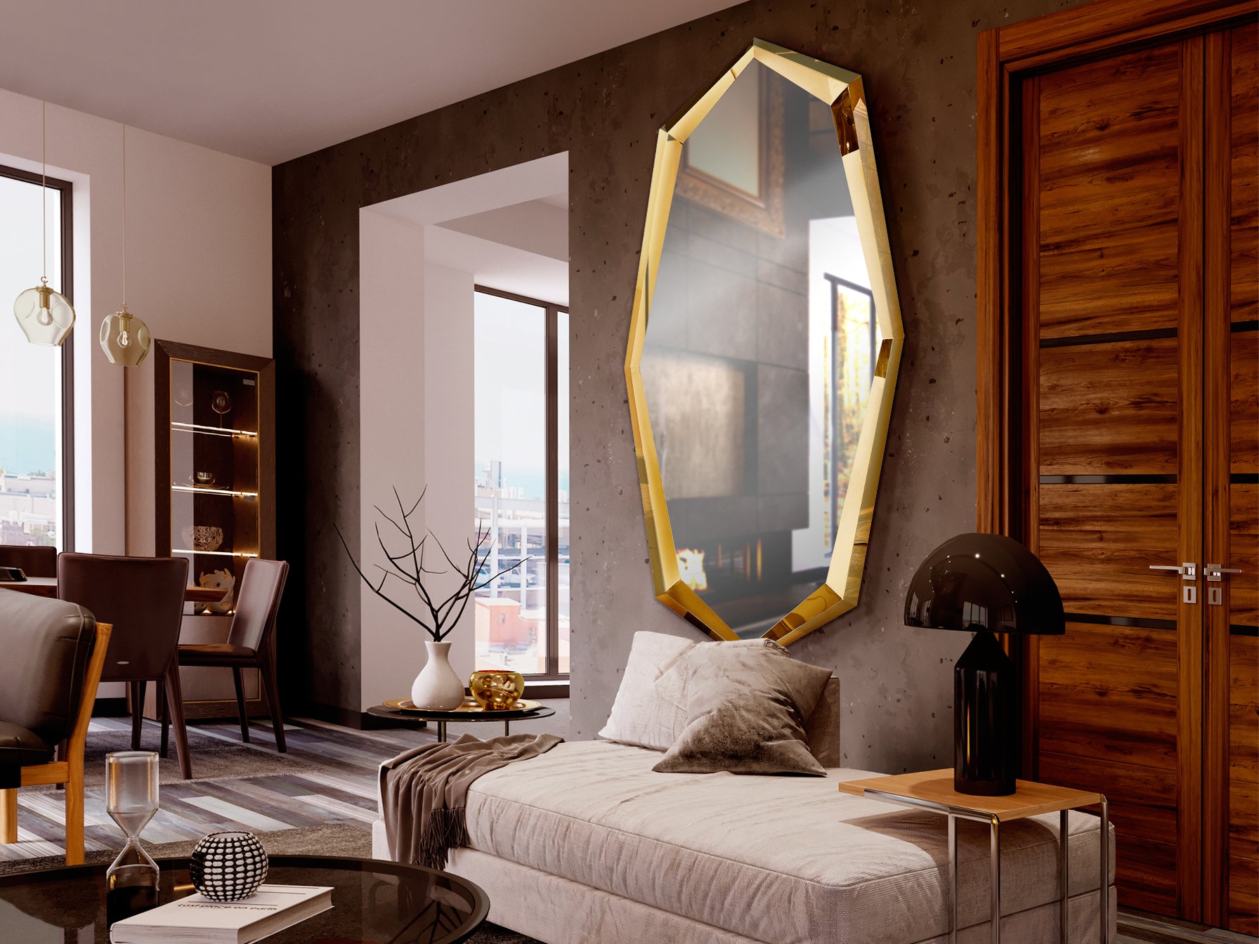 Espejo LONDON Oro brillo dorado de acero y cristal, ideal para recibidor o salón moderno y glam con diseño de Schuller.