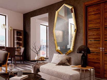Espejo LONDON Oro brillo dorado de acero y cristal, ideal para recibidor o salón moderno y glam con diseño de Schuller.
