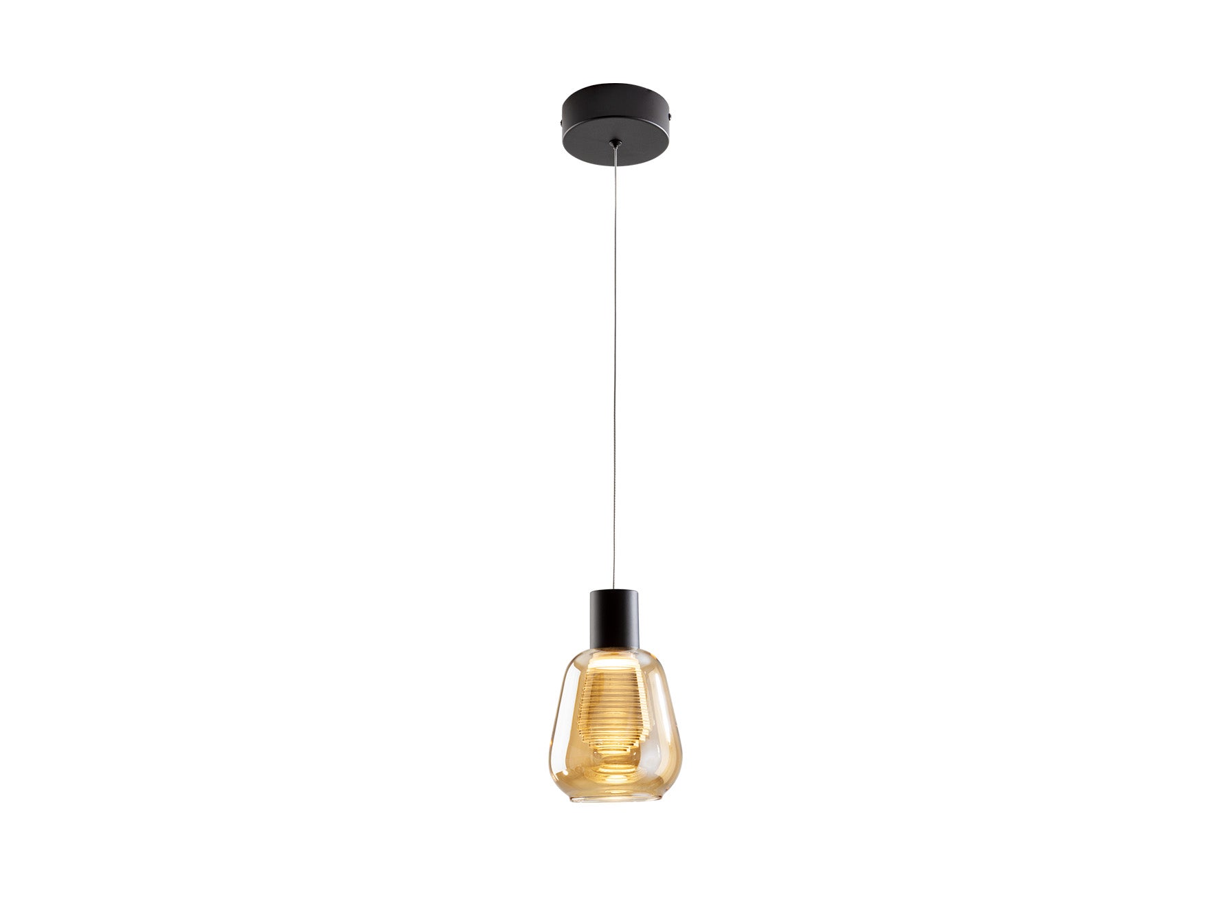 Lámpara colgante Carisa negro y ámbar de Schuller (341017) iluminando un comedor moderno, con diseño de cristal y metal, luz LED regulable y altura ajustable para salón.