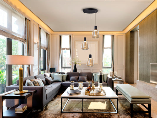 Lámpara de techo Carisa 3 luces negro ámbar (Schuller 341039) con diseño moderno, metal y cristal, regulable en altura, ideal para iluminación LED.