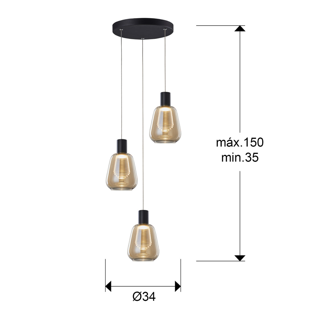 Medidas de Lámpara de techo Carisa 3 luces negro y ámbar de Schuller (341039) con diseño moderno, LED y cristal regulable en altura.