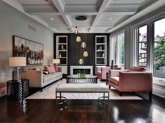 Lámpara de techo Carisa 5 luces negro y ámbar para comedor o salón, de metal y cristal, colgante y regulable en altura, con LED integrado, marca Schuller.