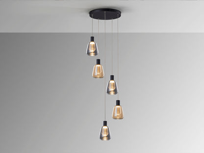 Lámpara de techo Carisa 5 luces negra y ámbar para comedor o salón (Schuller 343051) con LED integrado, diseño contemporáneo, metal y cristal. Regulable en altura, ideal para iluminación colgante.