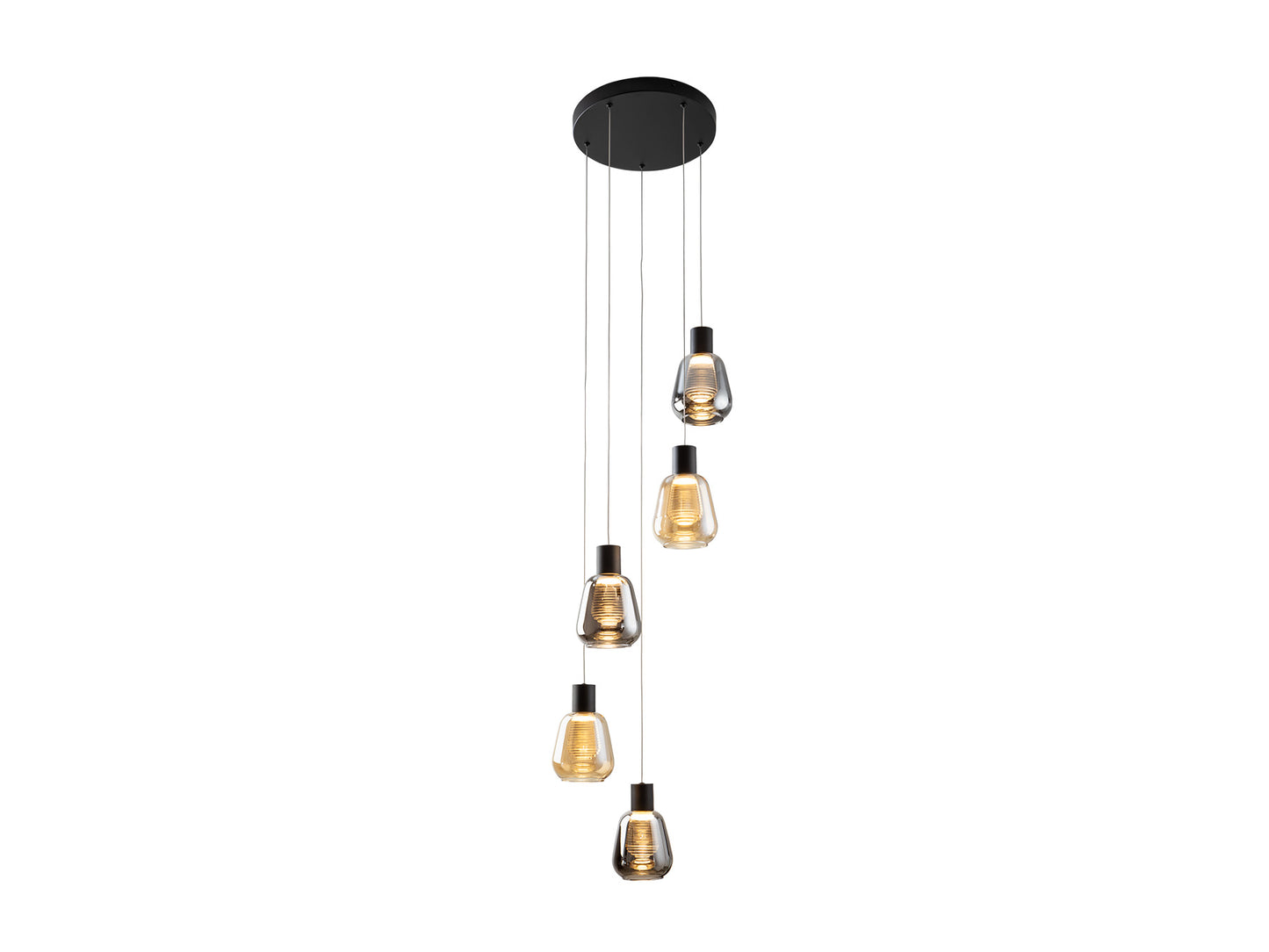Lámpara de techo Carisa 5 luces negra y ámbar de Schuller, colgante con LED integrado, ideal para comedor y salón. Diseño contemporáneo en metal y cristal, regulable en altura. Modelo 343051.