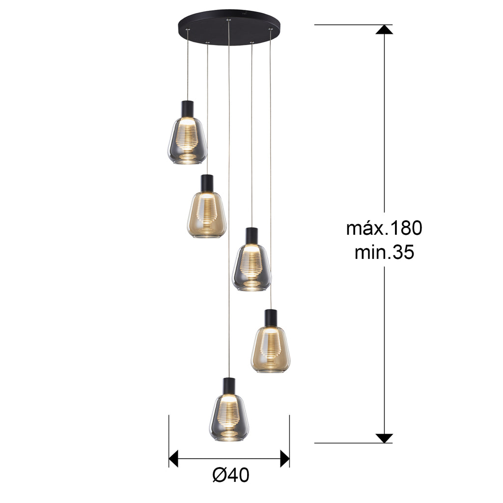 Medidas de Lámpara de techo Carisa 5 luces negro y ámbar para comedor o salón, de metal y cristal, con LED integrado, regulable en altura, de Schuller.