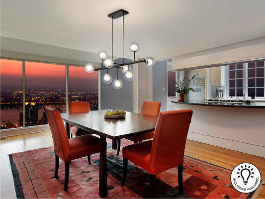 Lámpara de techo Altais 9 luces negro y cromo de Schuller, diseño moderno con cristal y metal, ideal para salón.