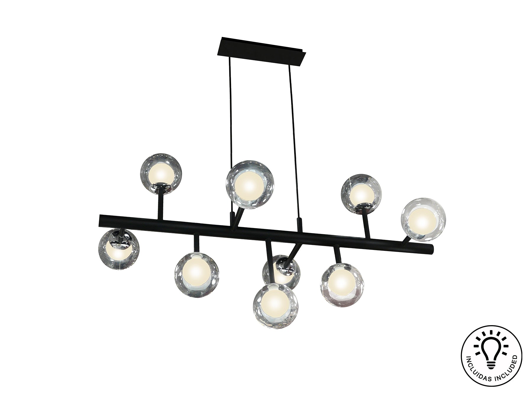 Lámpara de techo Altais 9 luces negro y cromo de Schuller para salón: diseño moderno con cristal y metal, ideal para iluminación decorativa.
