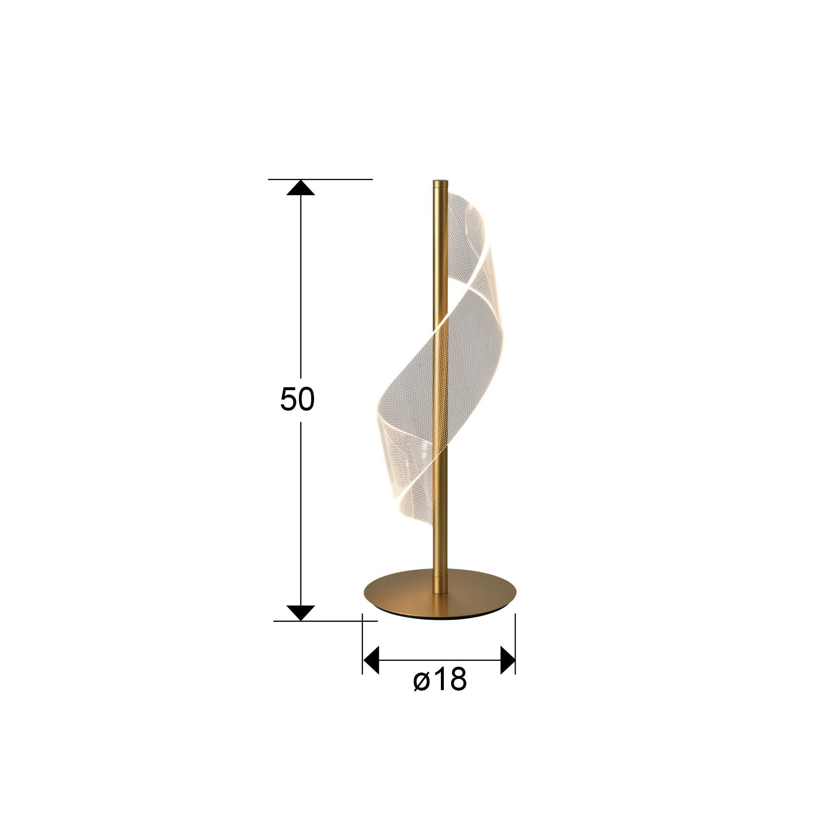 Medidas de Lámpara de sobremesa Velas oro mate Schuller 351287 encendida, diseño moderno con iluminación LED, ideal para dormitorio o salón.