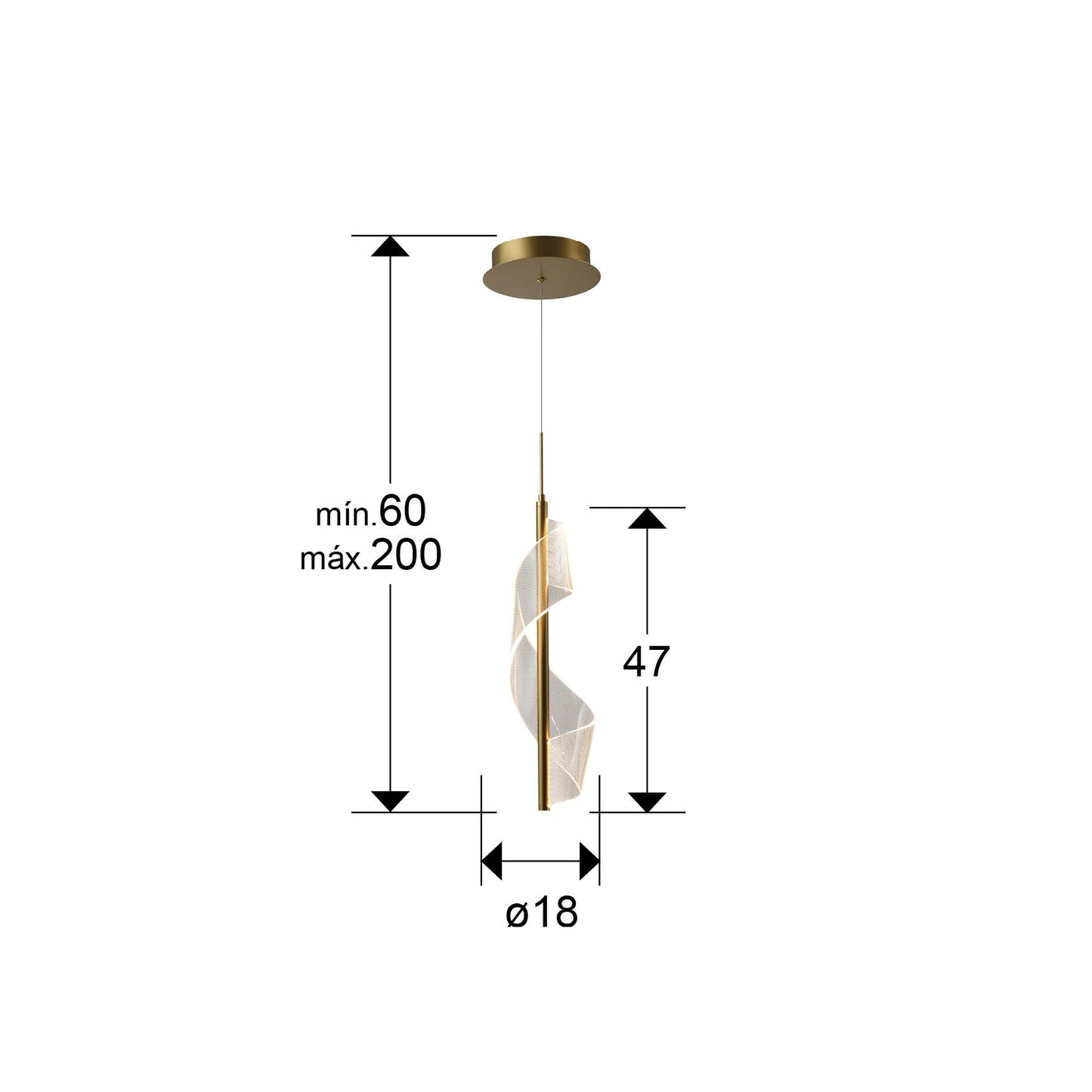 Medidas de Lámpara colgante Velas 1 luz oro mate para comedor o salón, diseño moderno con LED integrado. Fabricada en metal y aluminio por Schuller. Modelo 351362.