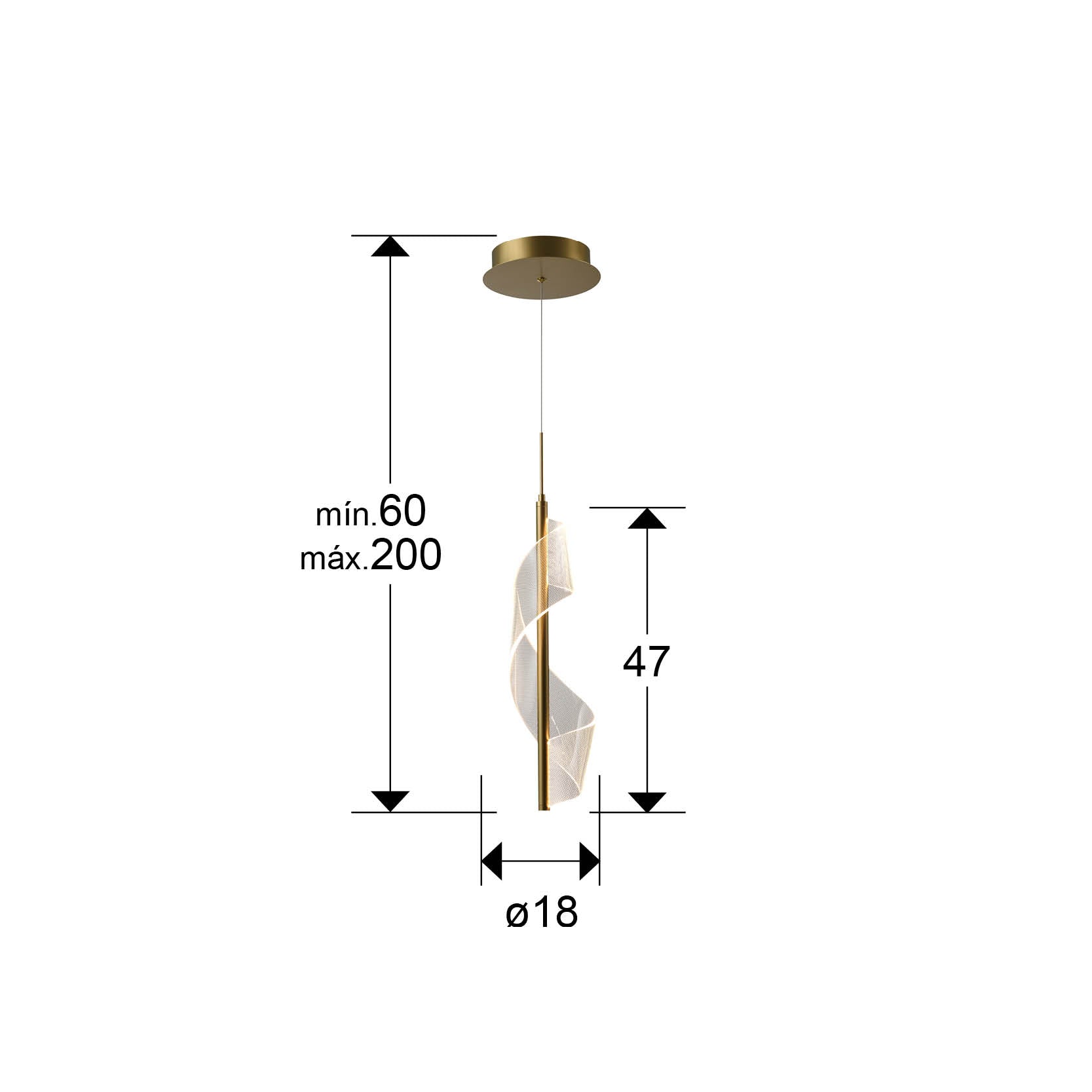 Medidas de Lámpara colgante Velas 1 luz oro mate para comedor o salón, diseño moderno con LED integrado. Fabricada en metal y aluminio por Schuller. Modelo 351362.