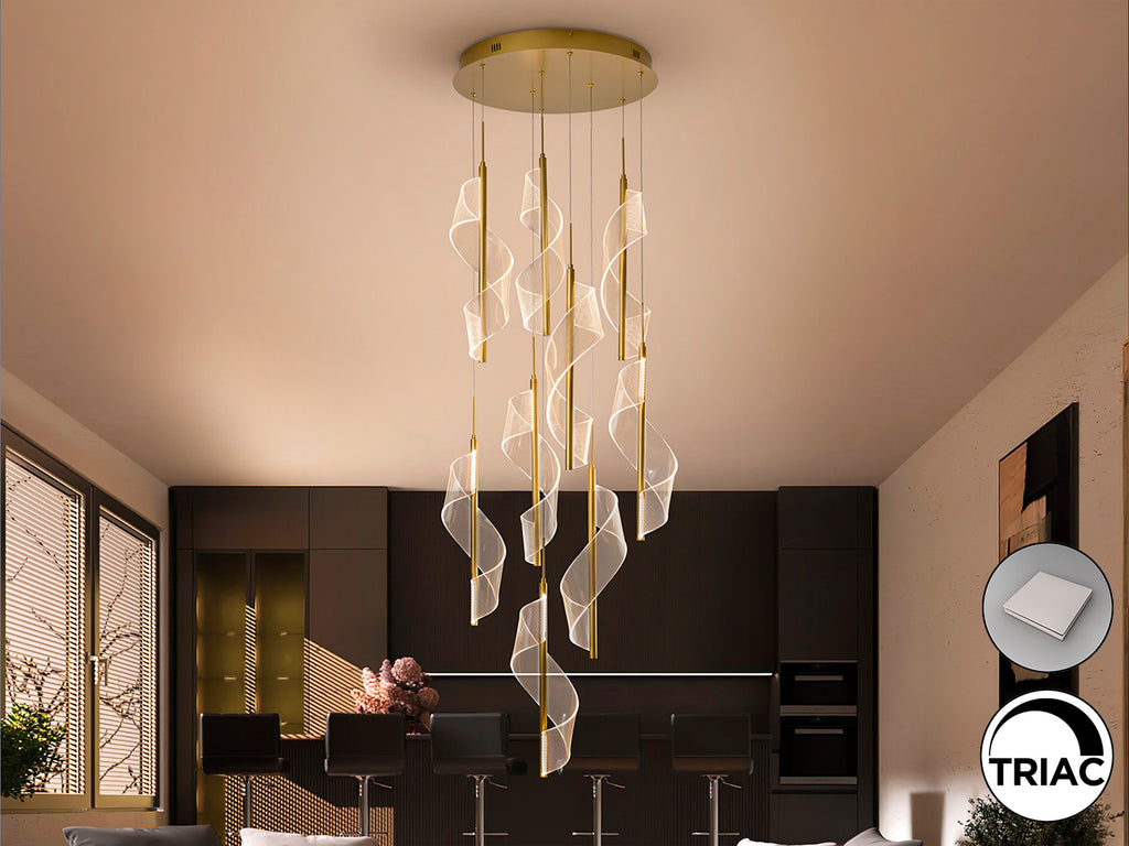 Lámpara de techo VELAS oro mate de Schuller en salón: diseño moderno y lujo contemporáneo con aluminio, metacrilato y tecnología dimmable (351492)