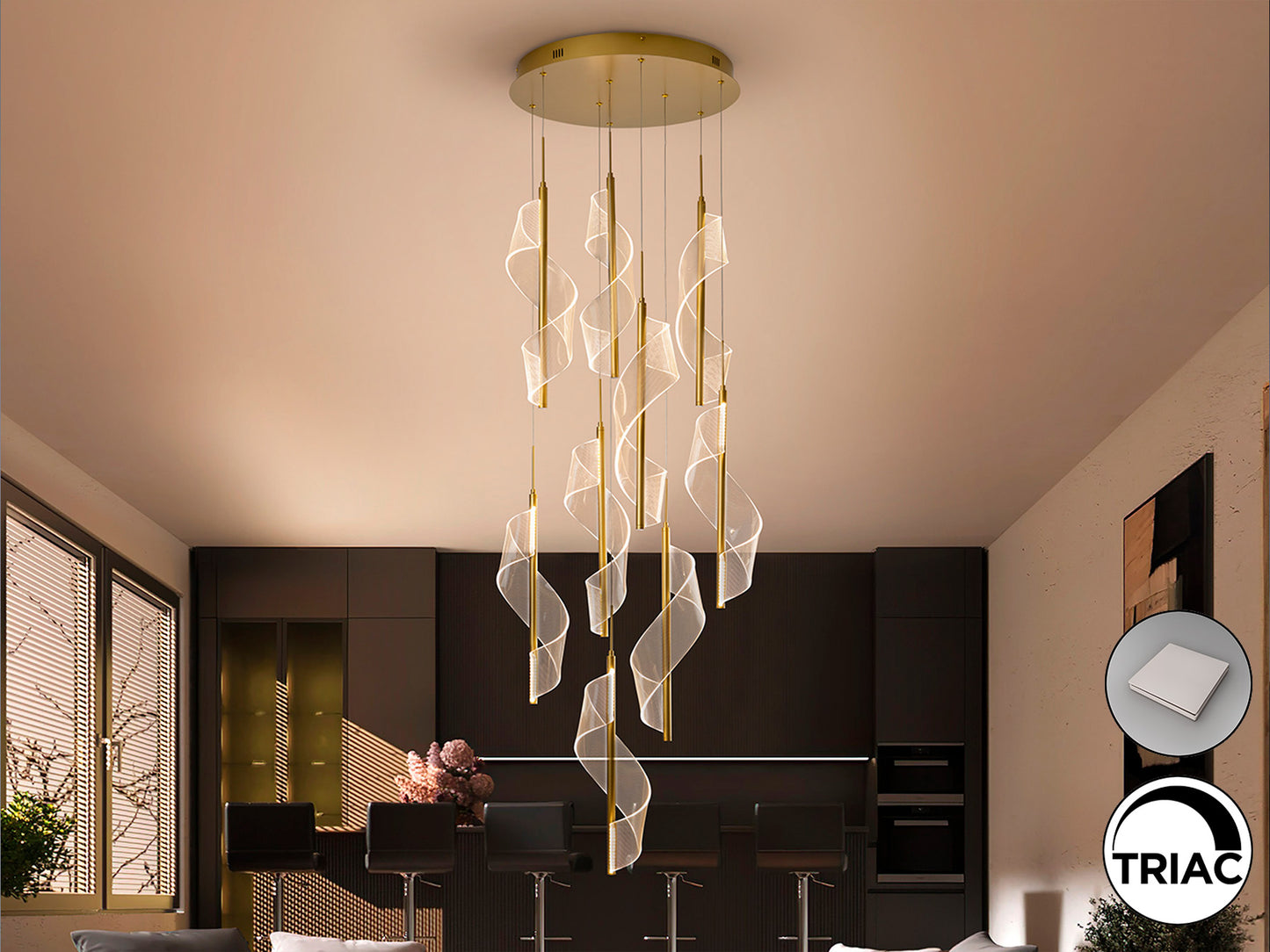 Lámpara de techo VELAS oro mate de Schuller en salón: diseño moderno y lujo contemporáneo con aluminio, metacrilato y tecnología dimmable (351492)